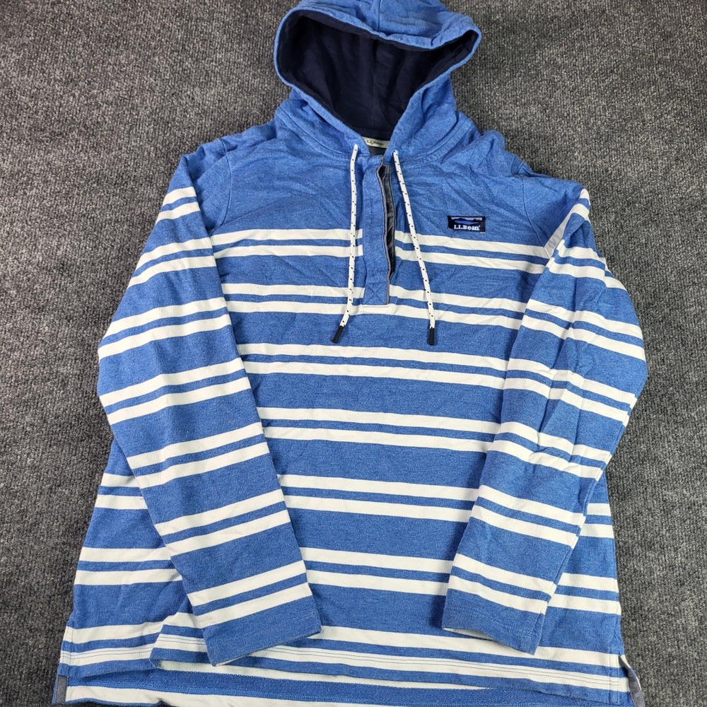 LL Bean Mens Blue White Striped Cotton Henley Hoodie Sweatshirt 503604 Large